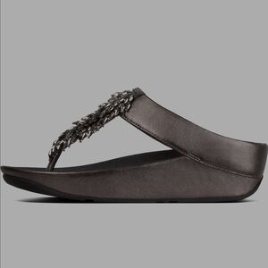 Fitflop Metallic Gunmetal Beaded Wedge Thong Sandals